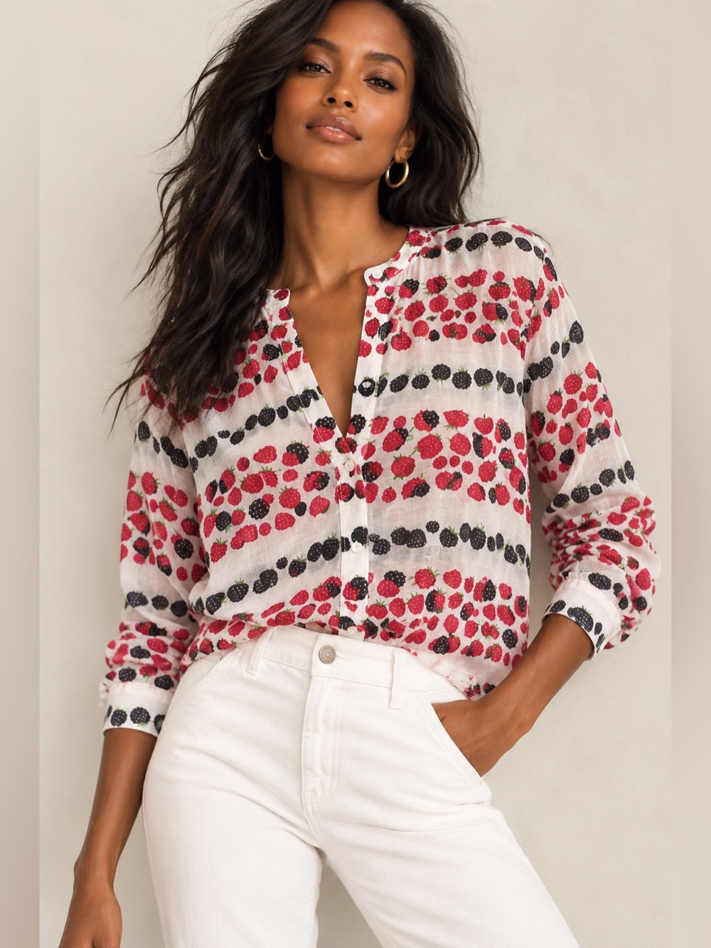 J. Crew White Button-Down Blouse with Berry Print cotton/Silk popover 4